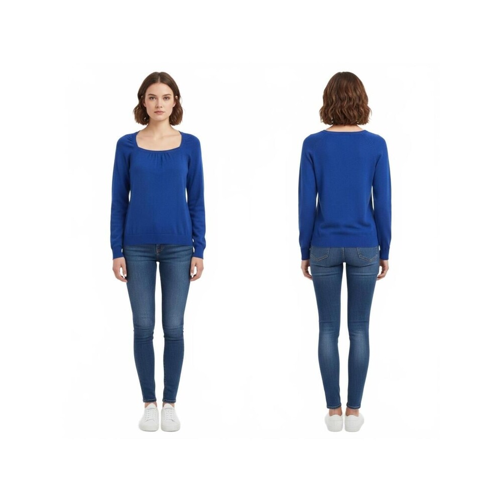 Worthington Knit Top Square Neck Long Sleeve Pullover Blue XL